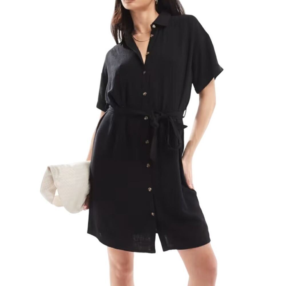 Pieces Tall Tie Waist Linen Mini Shirt Dress in Black, Size L​​​​